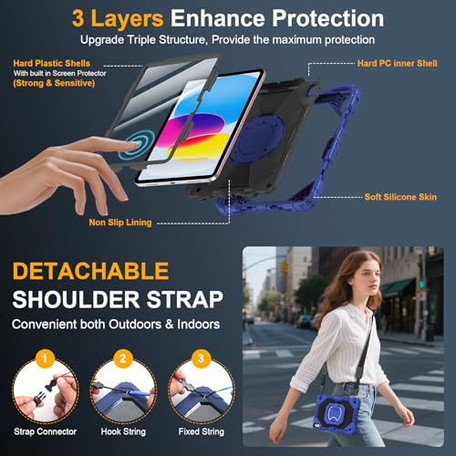 Auorld Case for iPad A16 11th Generation 11 Inch 2025, Auorld for iPad 10th Generation 10.9 inch 2022 case with Screen Protector, 360 Degree Rotating Stand Shoulder Strap Pencil Holder, Navy Black - Image 3