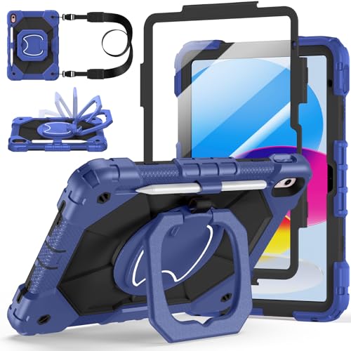 Auorld Case for iPad A16 11th Generation 11 Inch 2025, Auorld for iPad 10th Generation 10.9 inch 2022 case with Screen Protector, 360 Degree Rotating Stand Shoulder Strap Pencil Holder, Navy Black - Image 1