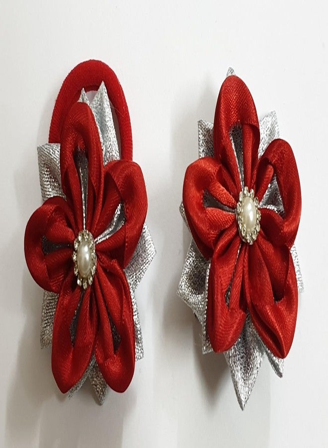 Belleza Crafting with Creativity Satin Flower Hair Clips & Ponytail Band | Pearl Center Floral Hair Accessories for Girls, Kids & Women | Party, Daily Wear, Festive Styling (Red, White with Silver Flower Hairclip and Ponytail band (Pack of 4)) - Image 2