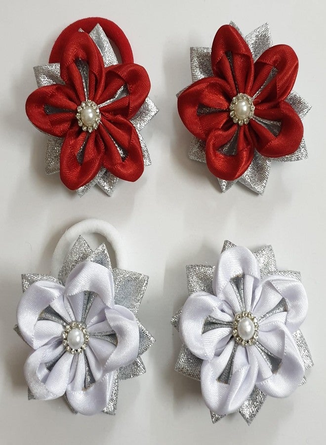 Belleza Crafting with Creativity Satin Flower Hair Clips & Ponytail Band | Pearl Center Floral Hair Accessories for Girls, Kids & Women | Party, Daily Wear, Festive Styling (Red, White with Silver Flower Hairclip and Ponytail band (Pack of 4)) - Image 1