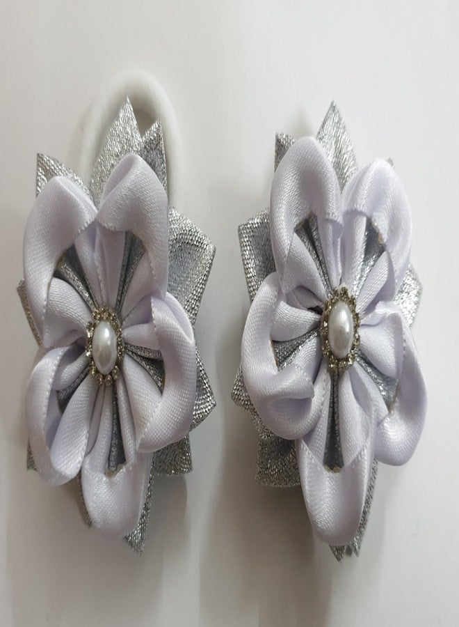 Belleza Crafting with Creativity Satin Flower Hair Clips & Ponytail Band | Pearl Center Floral Hair Accessories for Girls, Kids & Women | Party, Daily Wear, Festive Styling (Red, White with Silver Flower Hairclip and Ponytail band (Pack of 4)) - Image 3