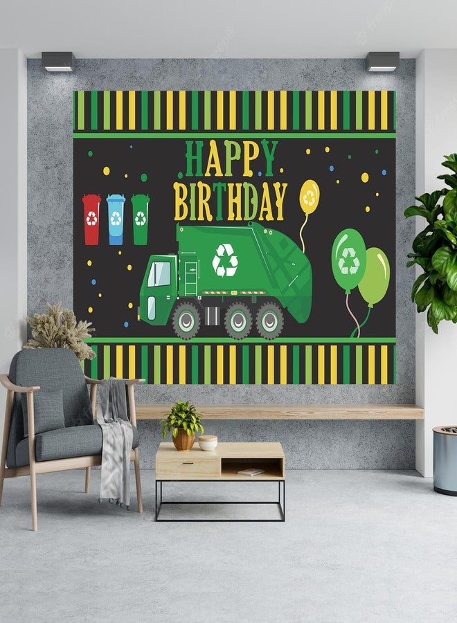DZTRELFK Garbage Truck Trash Trucks Happy Birthday Banner BackdropWaste Management Recycling Bin Theme Decor Decorations for 1st Birthday Party Baby Shower Supplies Favors Background Photo Booth Props Flag - Image 3