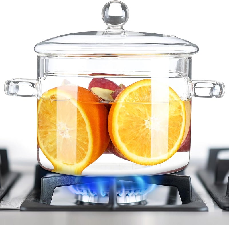FrutPunch Glass Pots for Cooking on Stove, 1.5L/50OZ Simmer Pot with Lid,High Borosilicate, Heat-Resistant Safety Glass Pot for Stove, Suitable for Pasta, Soup, Milk, Fruit, Tea - Image 1
