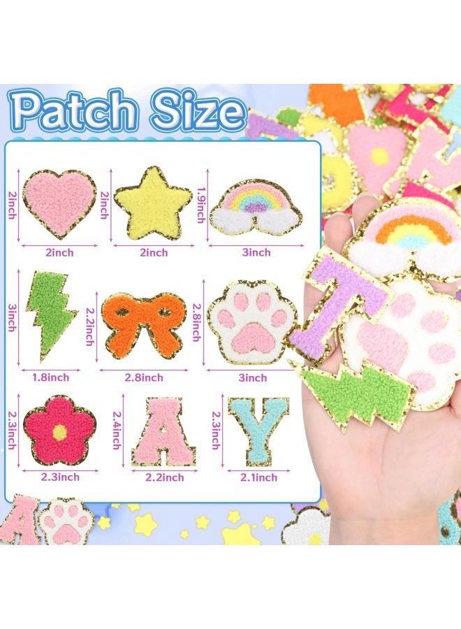 160 Pcs Chenille Embroidered Patches - Self Adhesive 104 A-Z Varsity Letters (4 Each) & 56 Glitter Shapes Iron-On Fabric Stickers for DIY Clothing Repair, Hats, Backpacks, Jackets, Bags - Image 2