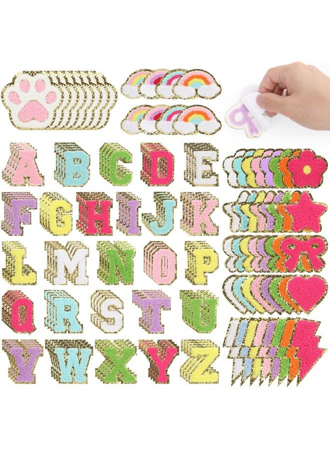 160 Pcs Chenille Embroidered Patches - Self Adhesive 104 A-Z Varsity Letters (4 Each) & 56 Glitter Shapes Iron-On Fabric Stickers for DIY Clothing Repair, Hats, Backpacks, Jackets, Bags - Image 1
