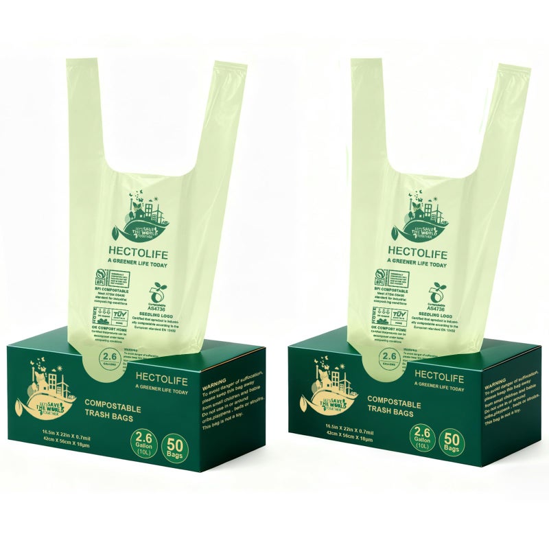HECTOLIFE 2.6 Gallon 100 Count,Compostable Bags Handle Tie,Tear Resistant Kitchen Food Scrap Waste Bag, ASTM D6400, US BPI and Europe OK Compost Home Certified - Image 1