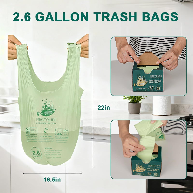 HECTOLIFE 2.6 Gallon 100 Count,Compostable Bags Handle Tie,Tear Resistant Kitchen Food Scrap Waste Bag, ASTM D6400, US BPI and Europe OK Compost Home Certified - Image 2