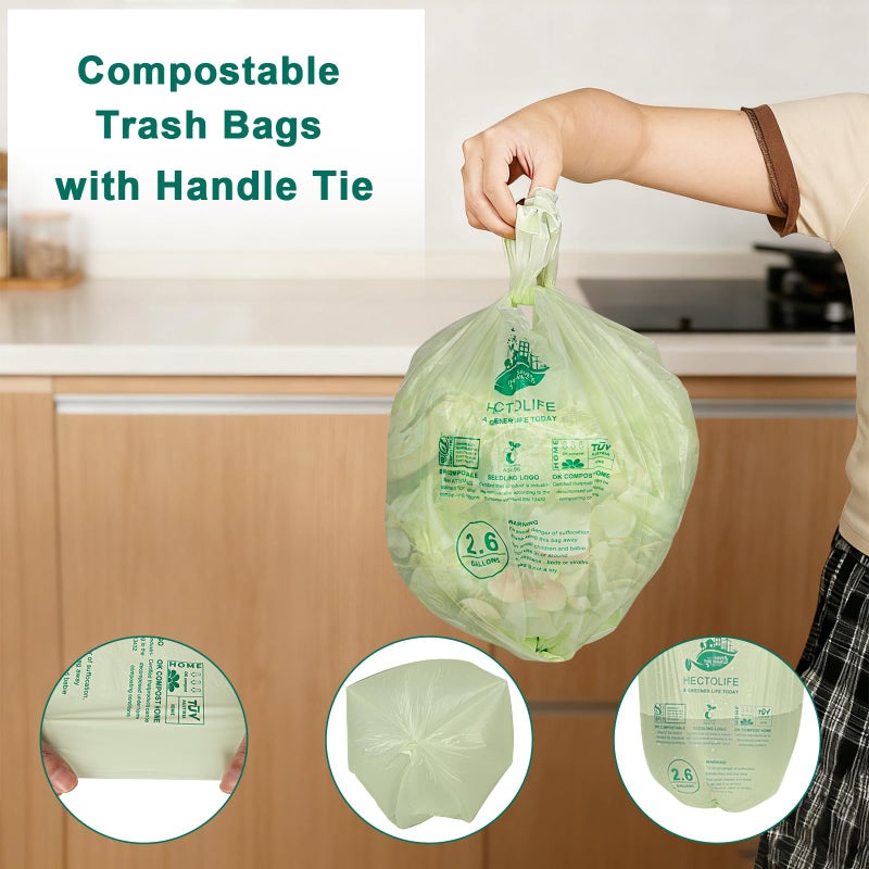 HECTOLIFE 2.6 Gallon 100 Count,Compostable Bags Handle Tie,Tear Resistant Kitchen Food Scrap Waste Bag, ASTM D6400, US BPI and Europe OK Compost Home Certified - Image 4