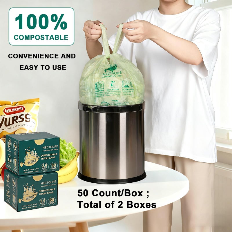 HECTOLIFE 2.6 Gallon 100 Count,Compostable Bags Handle Tie,Tear Resistant Kitchen Food Scrap Waste Bag, ASTM D6400, US BPI and Europe OK Compost Home Certified - Image 5