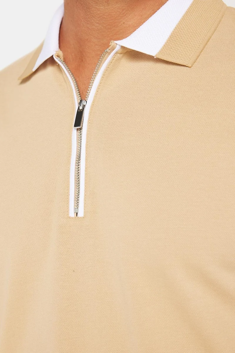 Tudors Men's Slim Fit Slim Cut 100% Cotton Plain Pique Zippered Sand Color Polo Neck T-Shirt