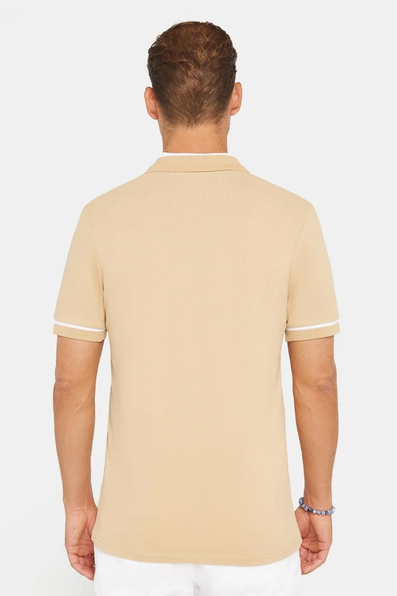 Tudors Men's Slim Fit Slim Cut 100% Cotton Plain Pique Zippered Sand Color Polo Neck T-Shirt