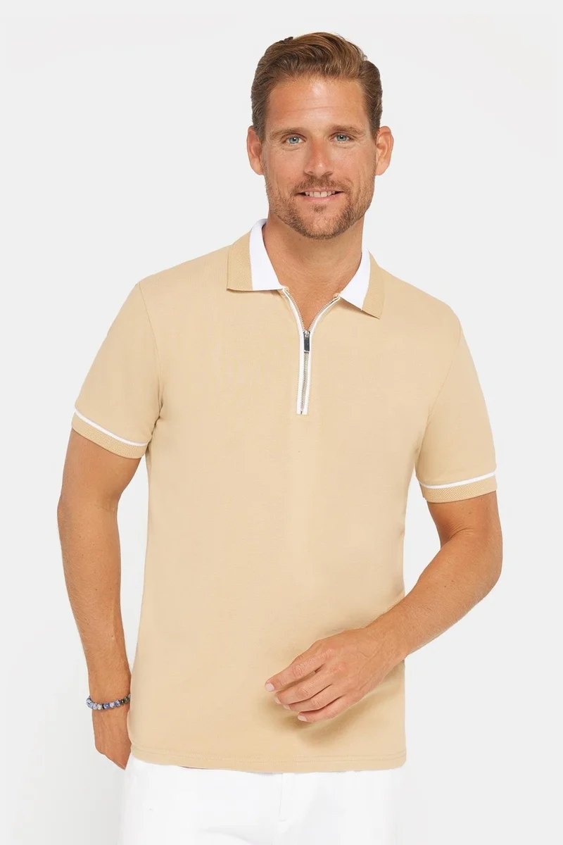 Tudors Men's Slim Fit Slim Cut 100% Cotton Plain Pique Zippered Sand Color Polo Neck T-Shirt