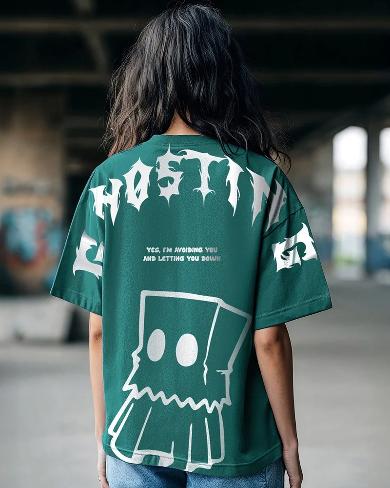 بيواكوف تيشيرت نسائي أخضر بطبعة جرافيك بقصة واسعة