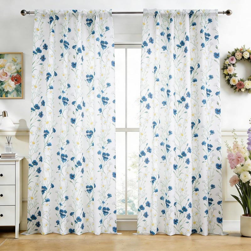youleyar Floral Curtains 63 Inches Long for Living Room 2 Panels Printed Pattern Curtain Rod Pocket Spring Summer Watercolor Blue and White Floral Window Drapes for Girls Bedroom 52 W x 63 L - Image 2