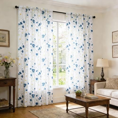 youleyar Floral Curtains 63 Inches Long for Living Room 2 Panels Printed Pattern Curtain Rod Pocket Spring Summer Watercolor Blue and White Floral Window Drapes for Girls Bedroom 52 W x 63 L - Image 3