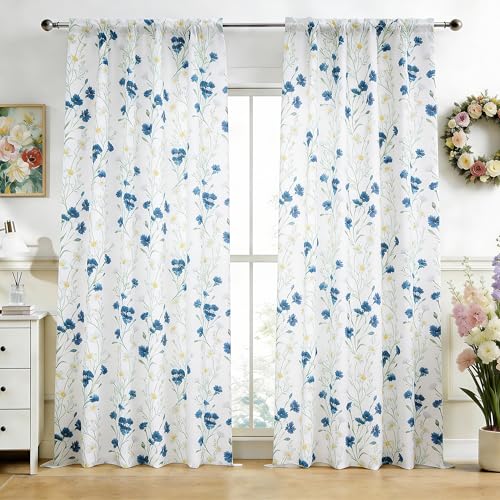 youleyar Floral Curtains 63 Inches Long for Living Room 2 Panels Printed Pattern Curtain Rod Pocket Spring Summer Watercolor Blue and White Floral Window Drapes for Girls Bedroom 52 W x 63 L - Image 1