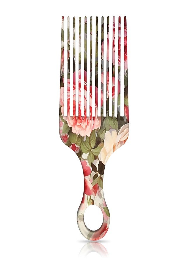 GABraden 1PC Afro Pick Comb for Natural Curly Hair,Anti-Static,Portable Styling Hair Pick for Travel,Cute Afro Comb for Women Men and Girls (T1-Pink Flowers) - Image 1