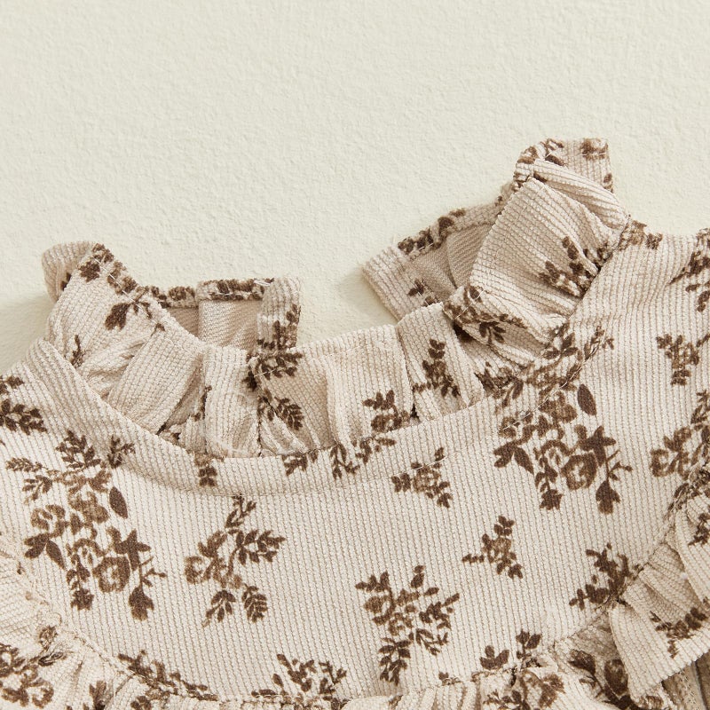 XRTBMN Infant Baby Girl Floral Romper Long Sleeve Turtle Neck Ruffled Bodysuit Fall Clothes Newborn Coming Home Outfit (Khaki, 9-12 Months) - Image 5