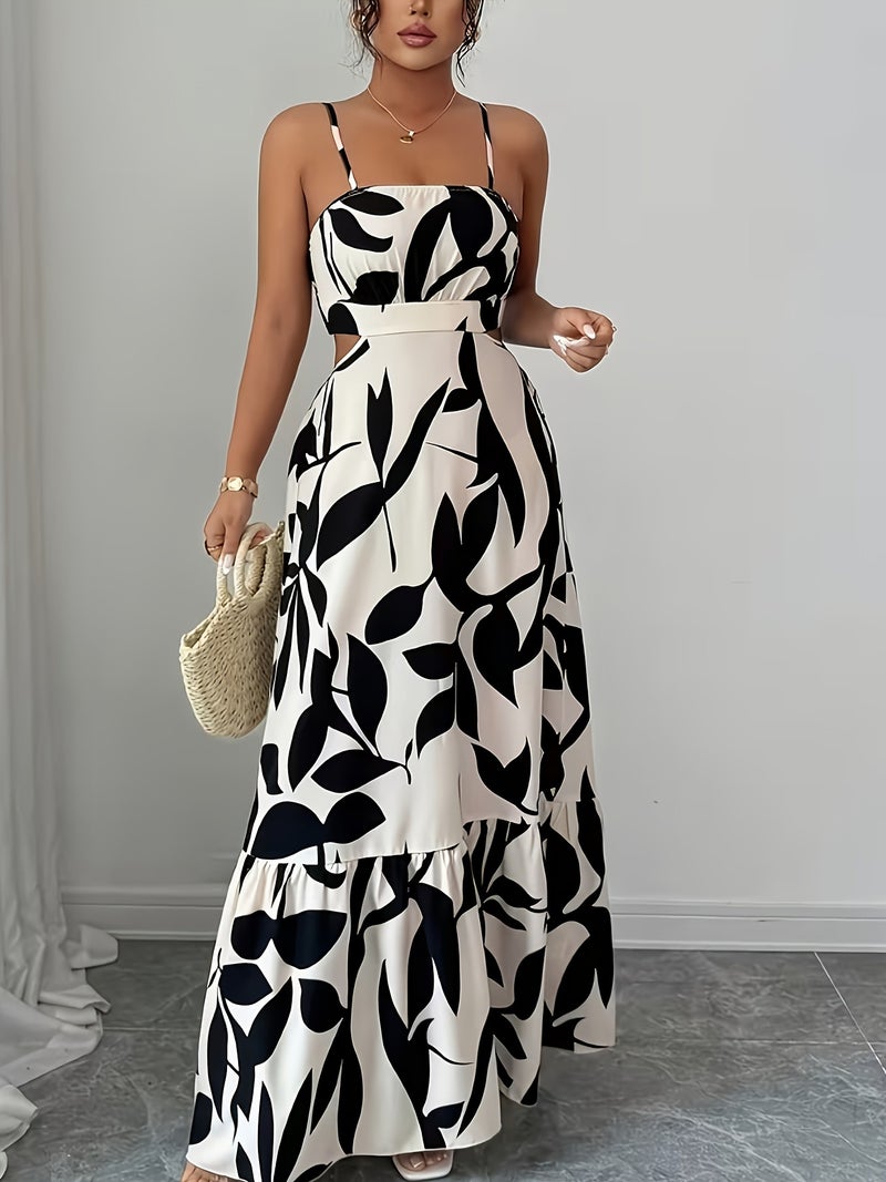 Women's Elegant Off-Shoulder Asymmetrical Floral Print Camisole Dress - Lightweight A-Line Waist-Cinching Vacation Beachwear, Sophisticated Style - Image 4