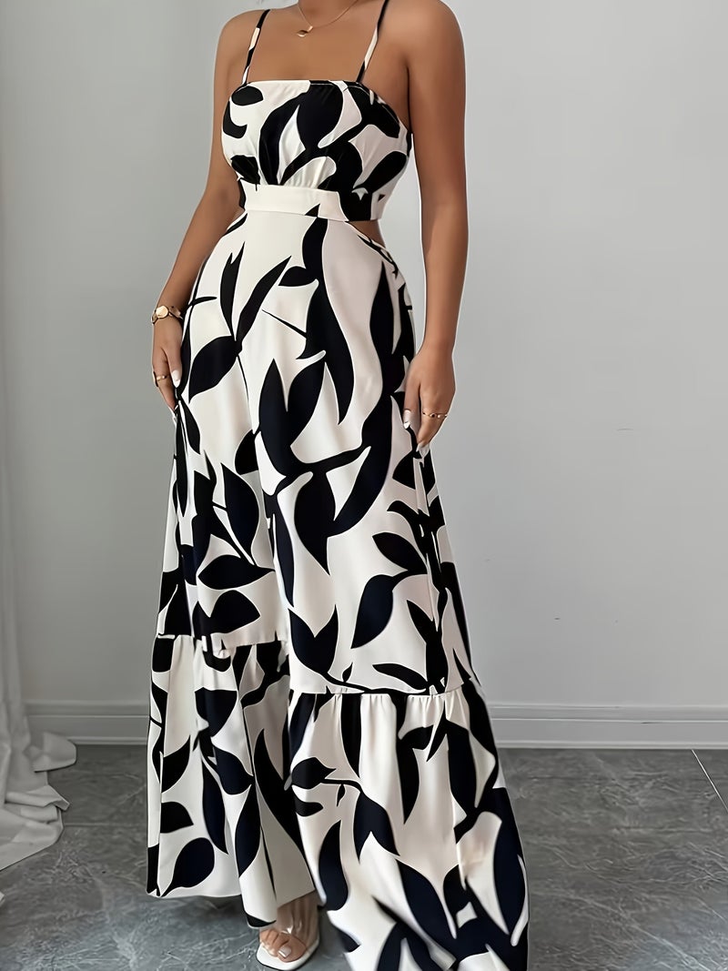 Women's Elegant Off-Shoulder Asymmetrical Floral Print Camisole Dress - Lightweight A-Line Waist-Cinching Vacation Beachwear, Sophisticated Style - Image 5