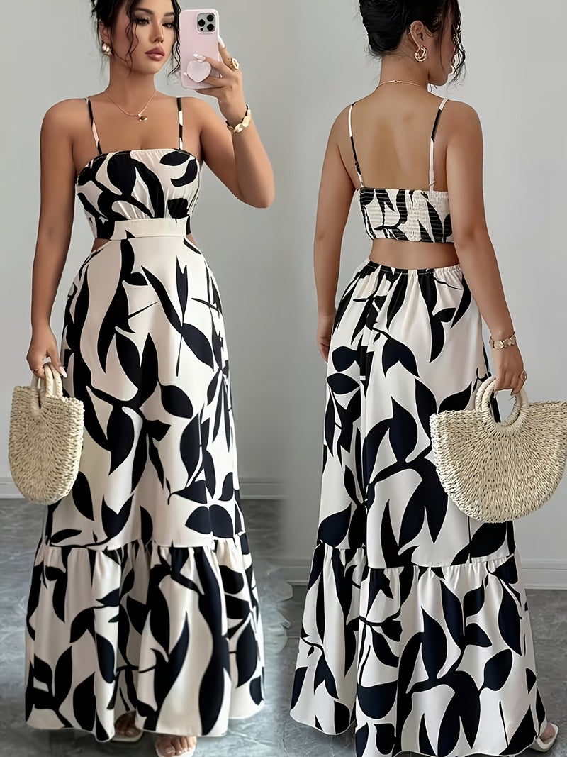 Women's Elegant Off-Shoulder Asymmetrical Floral Print Camisole Dress - Lightweight A-Line Waist-Cinching Vacation Beachwear, Sophisticated Style - Image 2