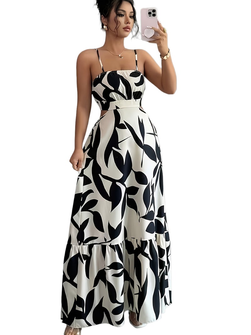 Women's Elegant Off-Shoulder Asymmetrical Floral Print Camisole Dress - Lightweight A-Line Waist-Cinching Vacation Beachwear, Sophisticated Style - Image 1