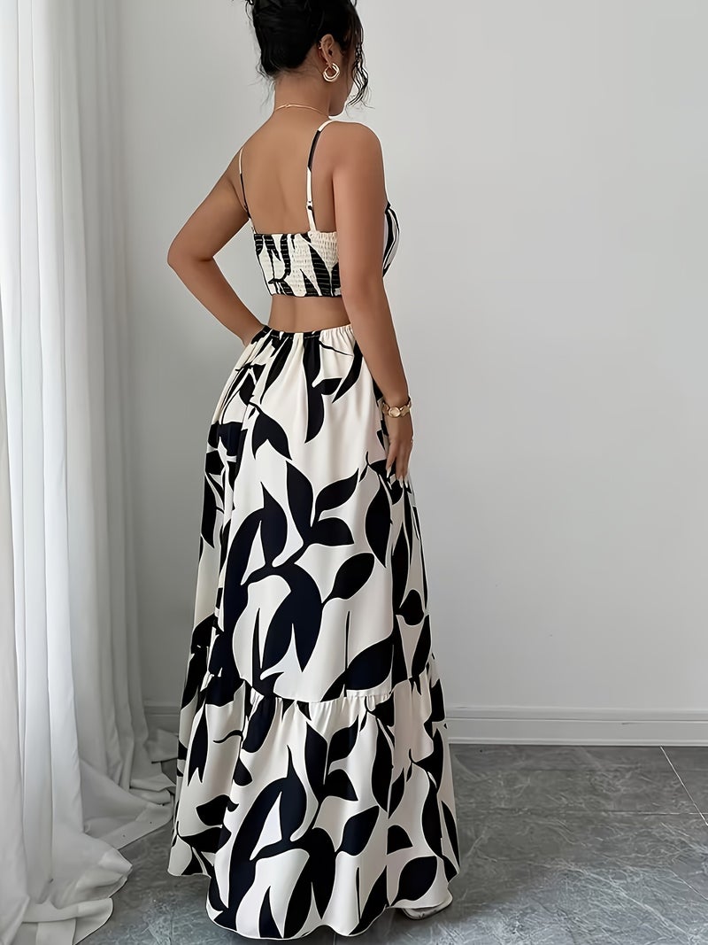 Women's Elegant Off-Shoulder Asymmetrical Floral Print Camisole Dress - Lightweight A-Line Waist-Cinching Vacation Beachwear, Sophisticated Style - Image 3