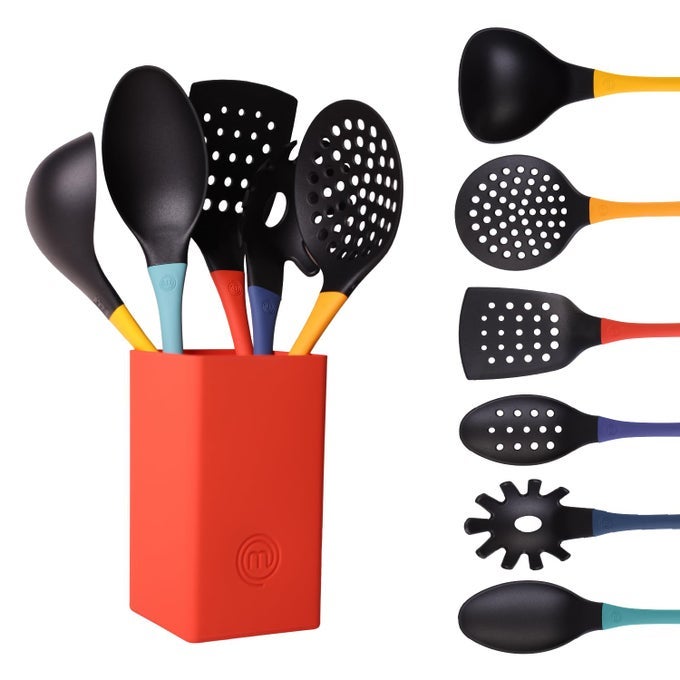 KITCHEN UTENSILS SET WITH HOLDER NYLON COOKING UTENSILS SET OF 6 NON TOXIC NON SCRATCH TOOLS FOR NON STICK COOKWARE INCL COOKING SPOONS SPATULAS HEAT RESISTANT COLOR COLLECTION