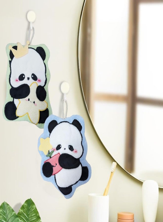 USTIDE 2Pcs Cute Panda Hand Towels Set Soft Absorbent Funny Panda with Star Coral Fleece Hanging Towels Washcloths for Bathroom Washroom - Image 2