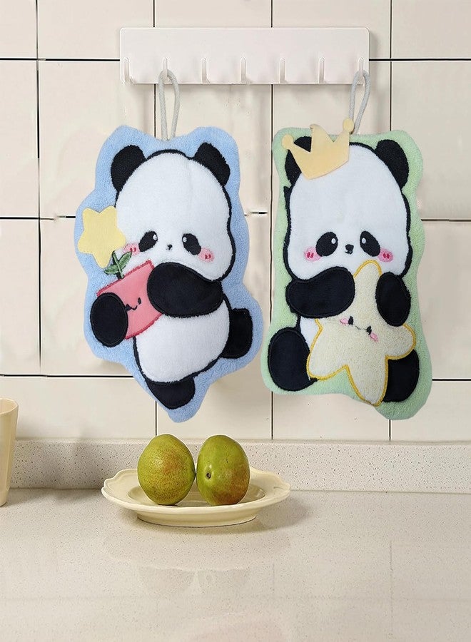 USTIDE 2Pcs Cute Panda Hand Towels Set Soft Absorbent Funny Panda with Star Coral Fleece Hanging Towels Washcloths for Bathroom Washroom - Image 1
