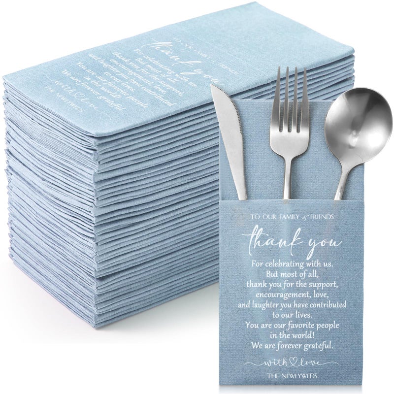 Qilery 100 Plain Thank You Wedding Napkins Cocktail Napkins Newlyweds to Family Friends Guests with Built in Flatware Pocket Tissues Bridal Shower Rehearsal Dinner Party SupplyHaze Blue