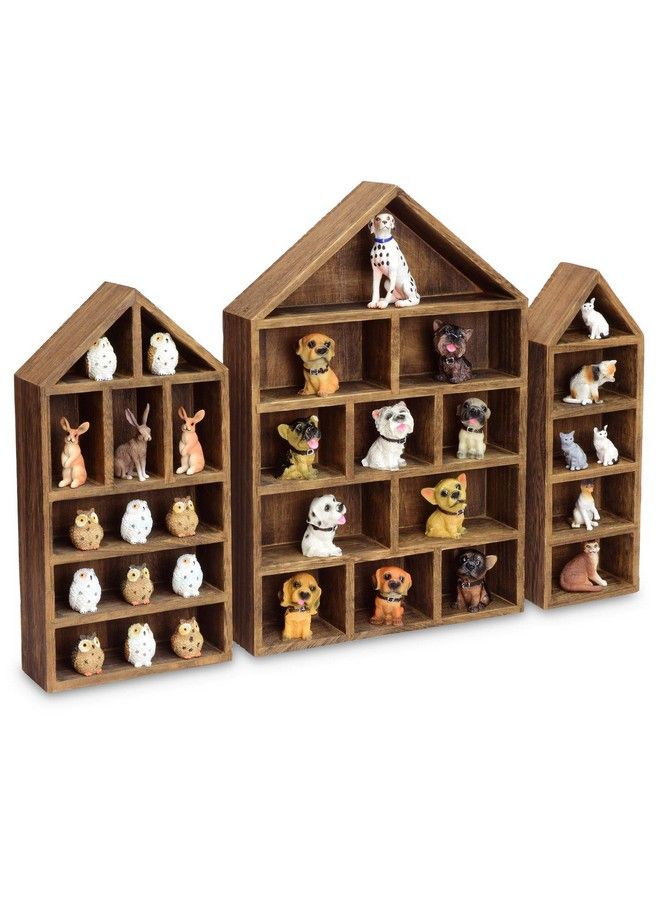 Ikee Design Houseshaped Wooden Shadow Cubby Box Display Shelf Organizer Storage Shadow Box For Mini Figures Set Of 3 Brown Color 10" W X 2 1 4" D X 15" H - Image 1