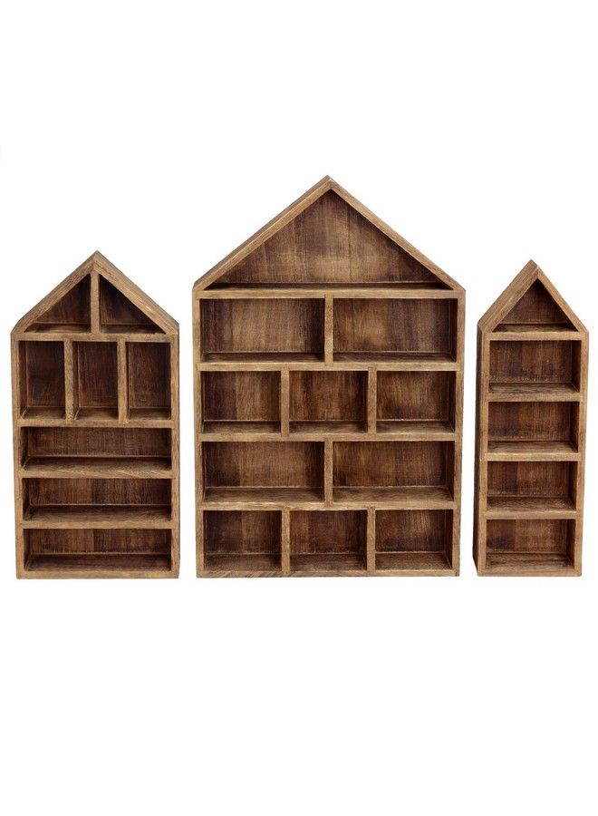 Ikee Design Houseshaped Wooden Shadow Cubby Box Display Shelf Organizer Storage Shadow Box For Mini Figures Set Of 3 Brown Color 10" W X 2 1 4" D X 15" H - Image 4