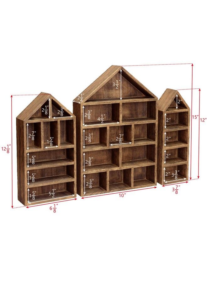 Ikee Design Houseshaped Wooden Shadow Cubby Box Display Shelf Organizer Storage Shadow Box For Mini Figures Set Of 3 Brown Color 10" W X 2 1 4" D X 15" H - Image 3