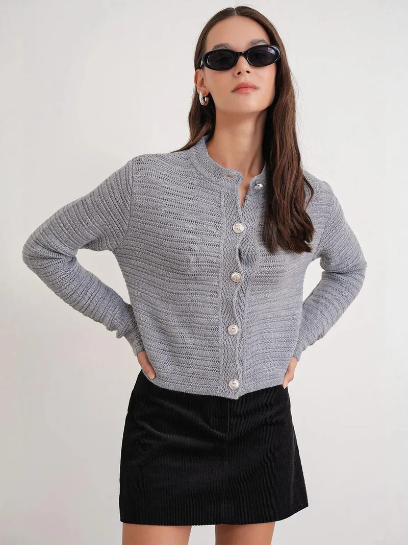 Mixray Ribbed Knit Crop Cardigan with Button Closure