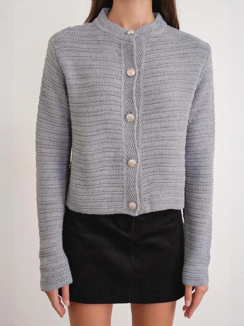 MixRay Grey Mixray Ribbed Knit Crop Cardigan with Button Closure for Women | Best Price UAE