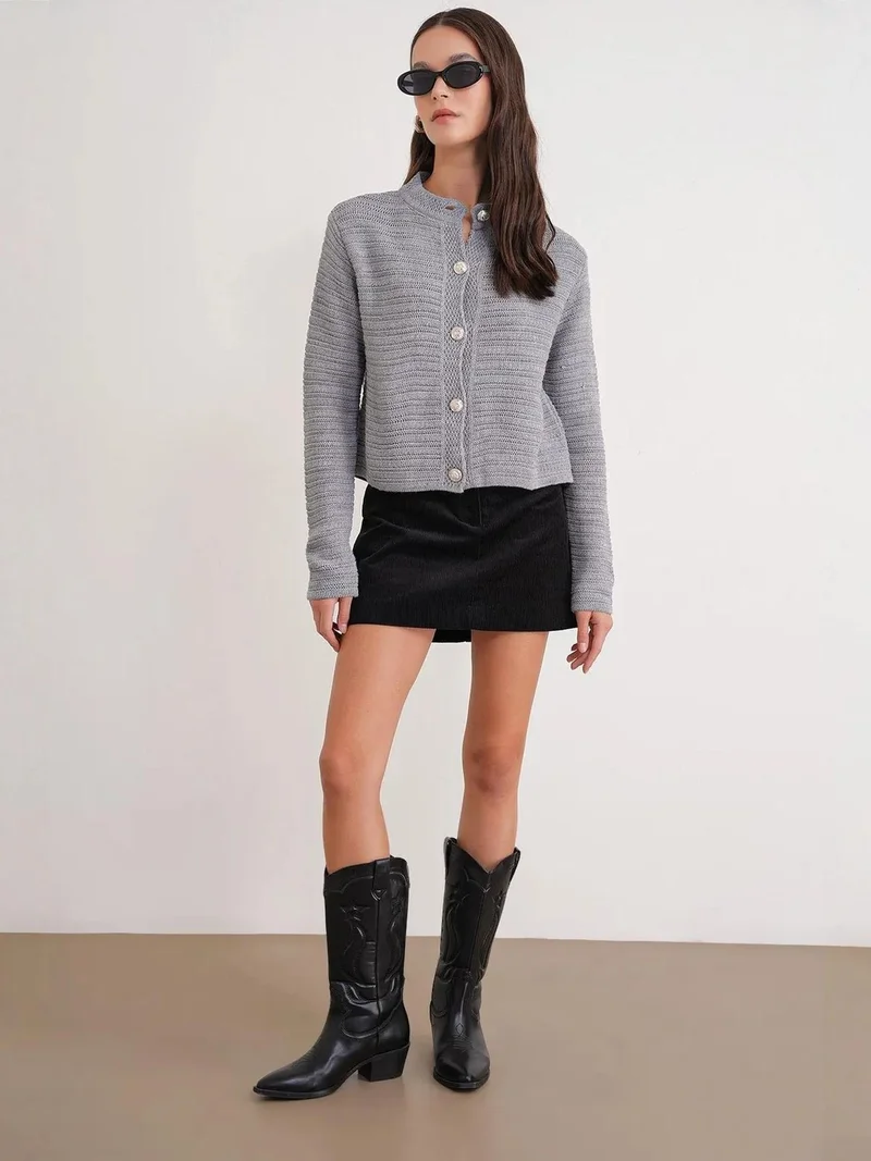 MixRay Grey Mixray Ribbed Knit Crop Cardigan with Button Closure for Women | Best Price UAE