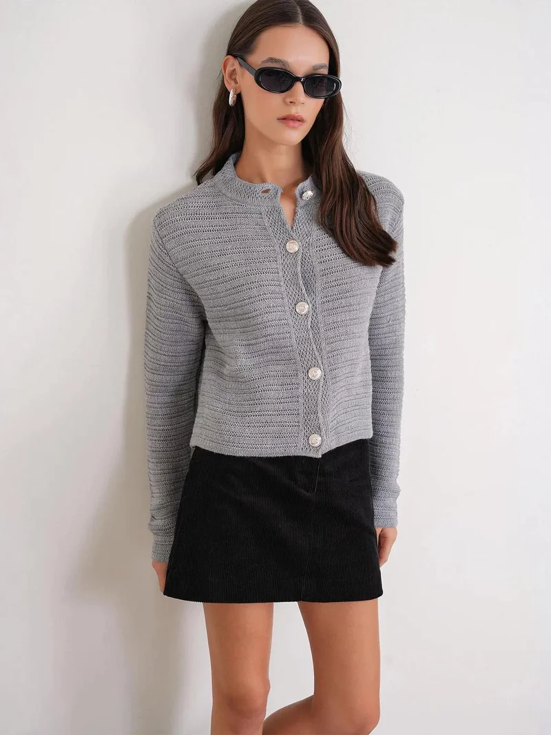 MixRay Grey Mixray Ribbed Knit Crop Cardigan with Button Closure for Women | Best Price UAE
