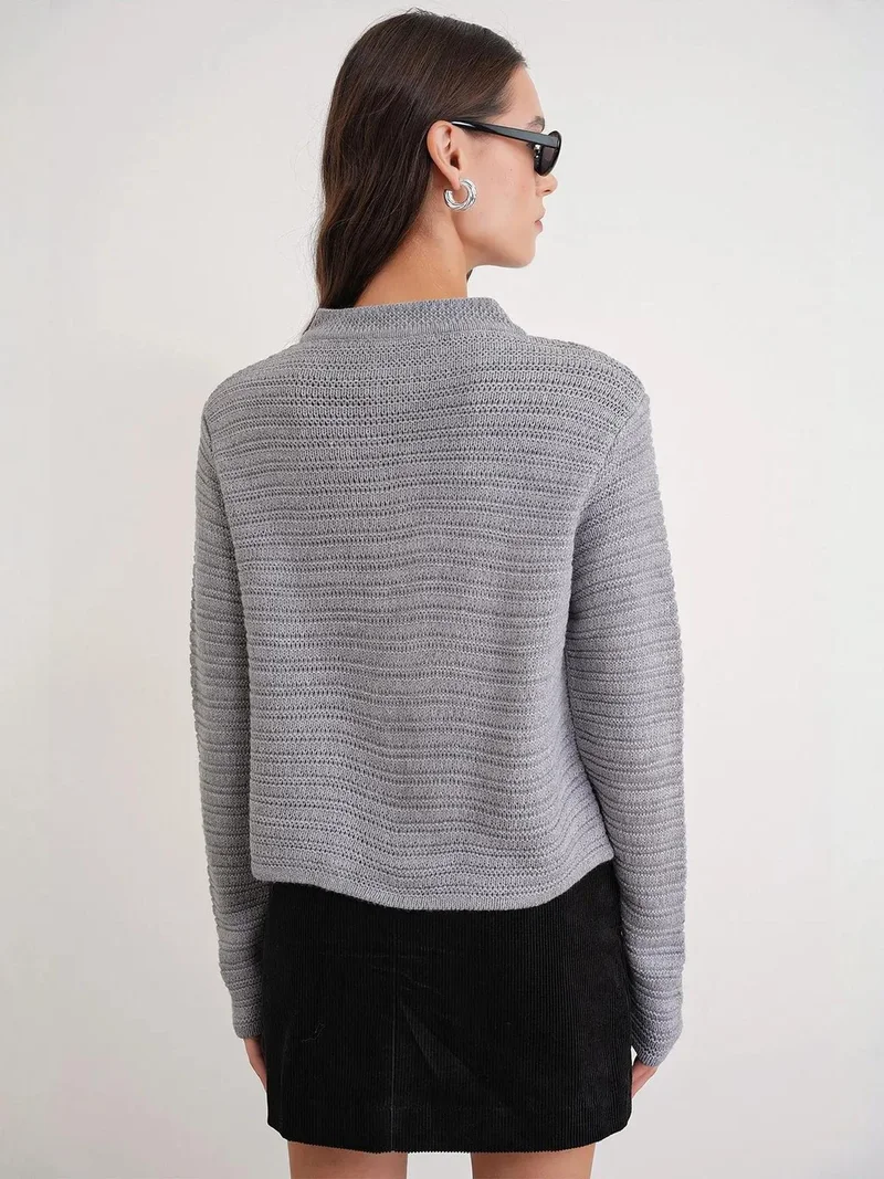 MixRay Grey Mixray Ribbed Knit Crop Cardigan with Button Closure for Women | Best Price UAE