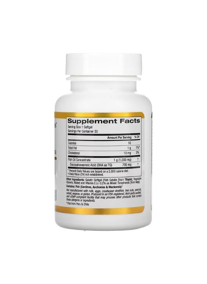 California Gold Nutrition - DHA 700 Fish Oil Pharmaceutical Grade 1000 mg 30 Fish Gelatin Softgels - Image 1