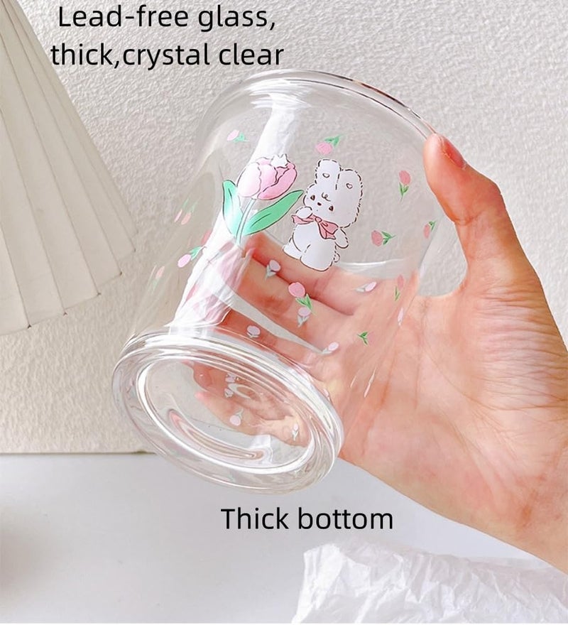 yaocoral Set of 2 12 OZ French Drinking Glasses Floral Glass Coffee Cup Cute Tulip Rabbit Glass Cups for Iced TeaJuiceCoffeeLatteMilkDessertStackable Glassware Drinkware Set - Image 3