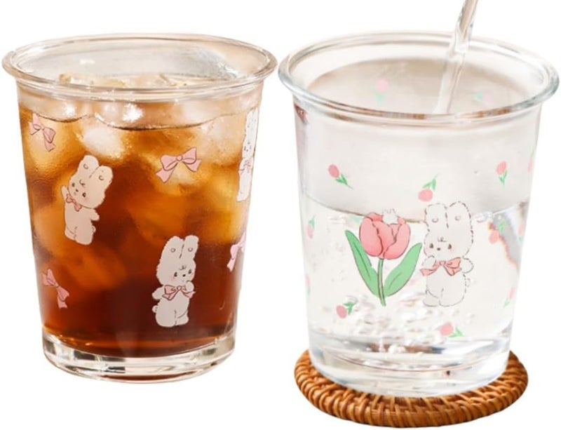 yaocoral Set of 2 12 OZ French Drinking Glasses Floral Glass Coffee Cup Cute Tulip Rabbit Glass Cups for Iced TeaJuiceCoffeeLatteMilkDessertStackable Glassware Drinkware Set - Image 1