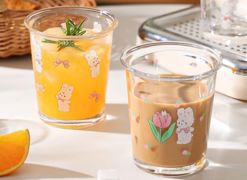 yaocoral Set of 2 12 OZ French Drinking Glasses Floral Glass Coffee Cup Cute Tulip Rabbit Glass Cups for Iced TeaJuiceCoffeeLatteMilkDessertStackable Glassware Drinkware Set - Image 2