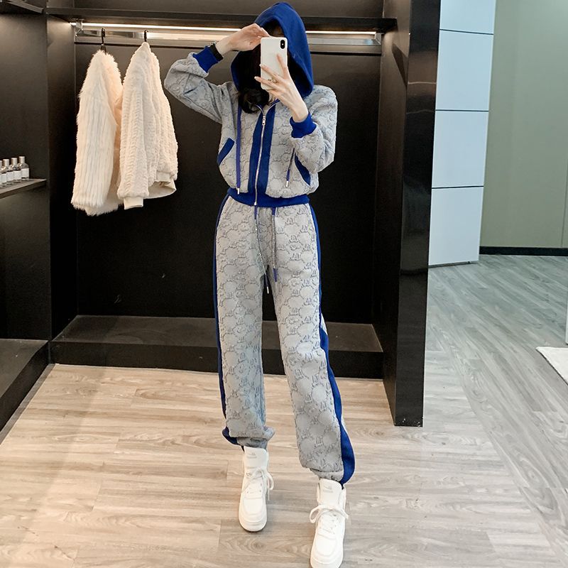 2024 Trendy Rhinestone Hoodie  Joggers Set for Women Gray and blue [two-piece set]]