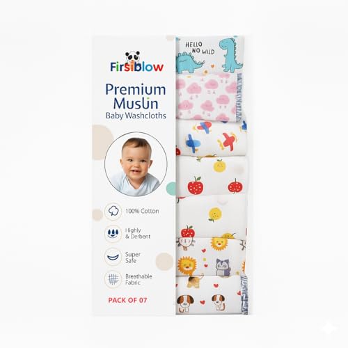 Firstblow 7 Pcs Muslin Cotton Cloth Premium Baby Washcloth for New Born, Washable, Reusable, Absorbent, Extra Soft Face Towels/Hankies for Babies, Stars, Balloons Random Print - Image 1