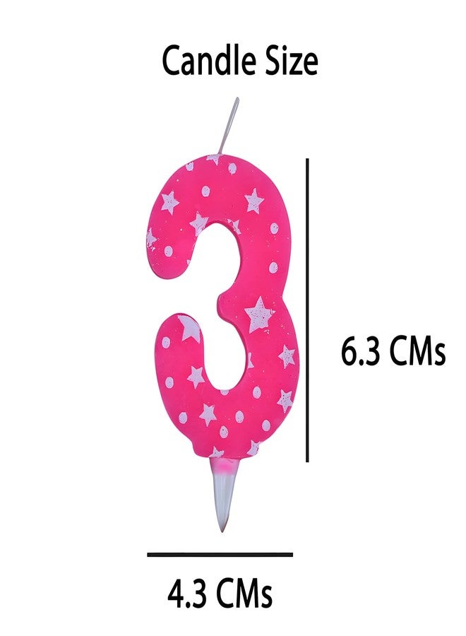 PEPUP Number Candles 3 for Birthday Cake Decoration, Third Anniversary Party Celebration | Size: Width 4.3 x Height 6.3 cm | Pink Star Design - Image 2