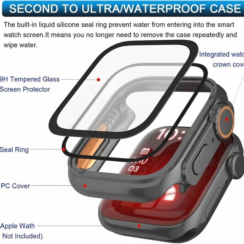 KASTWAVE [2 Packs] Ultra Waterproof Case for Apple Watch 9 8 7, Looks Like Ultra Case Cover Built in Tempered Glass Screen Protector for iWatch Series 7 8 9 (Original Black, 45mm) - Image 2
