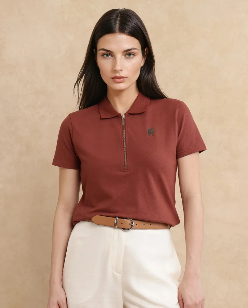 Rareism Rareism Women Laken Brown Cotton Lycra Fabric Short Sleeve Polo Collar Zipper Closure Plain Polo