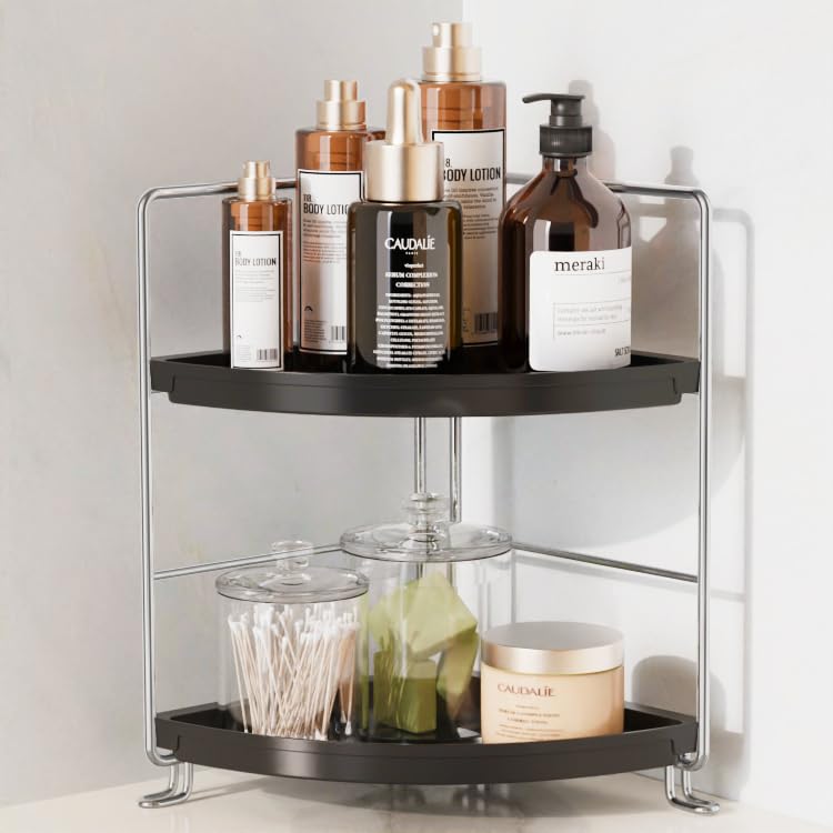 JANUS LiANG 2Tier Bathroom Organizer Countertop Corner  Makeup Organizer Cosmetic Perfume Holder Bedroom Storage Shelf or Kitchen Spice Rack Chrome  Black