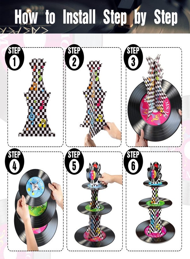 Tiamon 3 Tier 1950's Rock and Roll Music Party Decorations Record Cupcake Stand Vinyl Record Cupcake Holder Music Not Stop Dessert Tower for 50s Retro Theme Party Supplies - Image 4